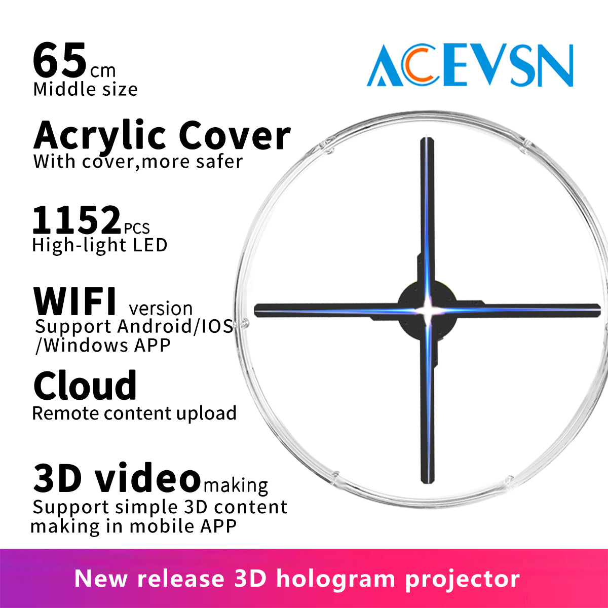 ACEVSN 65CM WiFi Cloud holographic advertising display with acrylic cover
